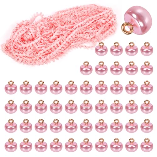 Swpeet 20 Yard Rosa Braid Trim mit elastischer Knopfschlaufe mit 50Pcs Pearl Buttons Kit, elastische Knopfschlaufe Stretch Band, Braid Trim Verzierung Elastische Schnur mit Knopfloch für Kostüm von Swpeet