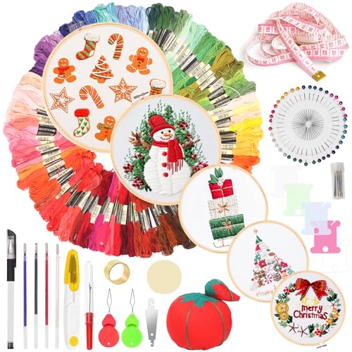 Swpeet 212Pcs Stickerei-Kit, Stich-Kits enthalten 100-Farben-Fäden, Aida-Tuch, Nähstifte, Zahnseide-Spulen, Sticknadeln, Bambus-Stickreifen, die Schale eines Stifts mit löschbarer Nachfüllung von Swpeet