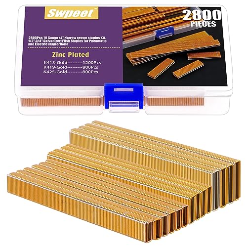 Swpeet 2801 Counts 3 Größen K413 K419 K425 18 Gauge ca. 1/4 Zoll × 1/2 Zoll / 3/4 Zoll / 1 Zoll Gold Schmale Krone Heftklammern, verzinkte Oberfläche, verschiedene Größen, Projektpaket für von Swpeet