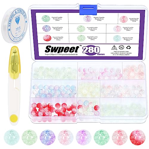 Swpeet 280Pcs 8 Farben 8mm Acryl-Kristall-Perlen, Runde Crackle Glasperlen, Transparent Crackle Runde Bubblegum Ball Perlen mit elastischen Armband String Schnur und niedlichen Loch: 1,5mm von Swpeet