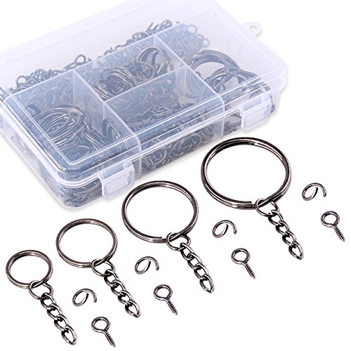 Swpeet 300Pcs Schlüsselanhänger Ringe Kit, 100Pcs Schlüsselanhänger Ringe mit Kette und 100Pcs Sprungring mit 100Pcs Schraubaugen Pins Bulk für Schmuck Findings Making bis 3/5 Zoll, 4/5 Zoll, 1 Zoll von Swpeet