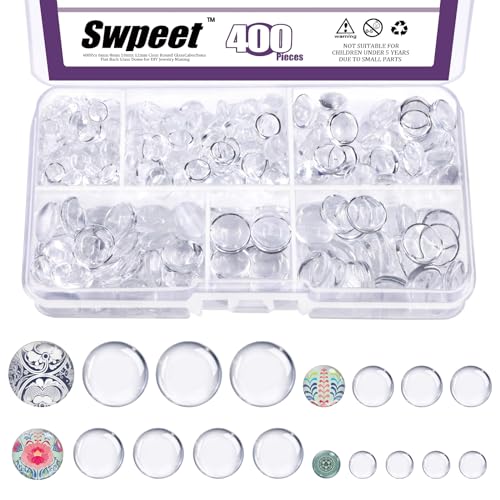 Swpeet 400Pcs 4-Größen 6mm/8mm/10mm/12mm transparente Glaskuppel Cabochons Runde Cabochon Fliesen Sortiment Kit, klare runde Cabochons Fliesen Passt für Foto Anhänger Halskette DIY Handwerk Schmuck von Swpeet