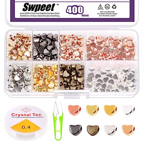 Swpeet 402Pcs 8 Farben Herz Perlen für Schmuck machen, 6mm Herz Perlen Herz Spacer Perlen kleines Loch lose Perlen Herzform DIY Perlen mit elastischen Schnur und Schere für Armband Schmuck machen von Swpeet