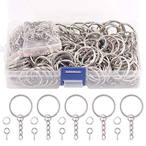 Swpeet 450 Stück 45 Zoll 20 mm Silber flach Schlüsselanhänger Ringe Kit inklusive 150 Stück Split Schlüsselanhänger Ringe mit Kette und 150 Stück Biegeringe mit 150 Stück Schraube Auge Pins von Swpeet