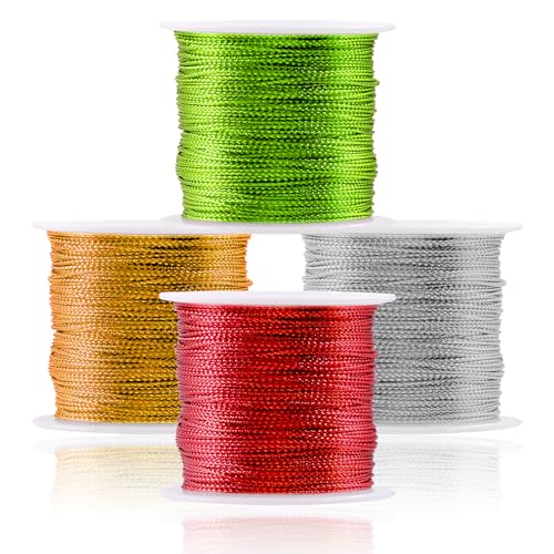 Swpeet 4Pcs 4 Farben 0.7mm 110 Yards Metallic Elastic Cords, Metallic Stretch Elastic Cords Band für Handwerksgeschenk Verpackung Weihnachtsschmuck Herstellung von Swpeet