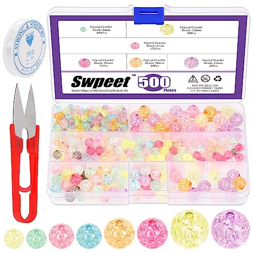 Swpeet 502Pcs 4 Größen bunte Acryl-Kristall-Perlen, 6mm 8mm 10mm 12mm Runde Crackle Lampwork Glasperlen Charms, Regenbogen Farbe Chunky Bubble Perlen, lose Spacer Perlen mit elastischen String von Swpeet