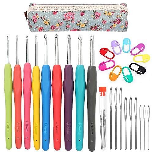 Swpeet 53Pcs 22 Größen 11 Farben Aluminium Häkelnadeln Set, Häkelnadeln Set, Ergonomische Stricknadeln, Einschließlich Häkelnadeln, Garnnadeln, Stichmarker, Häkelnadel Fall, Schere von Swpeet