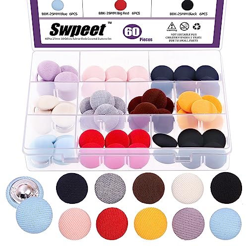 Swpeet 60Pcs 10 Farben 25mm Stoff bedeckt mit Metallschaft Runde Knöpfe Sortiment Kit, perfekt für Braut Hochzeit Kleid Satin Bluse Prom Dress & Formal Dress von Swpeet