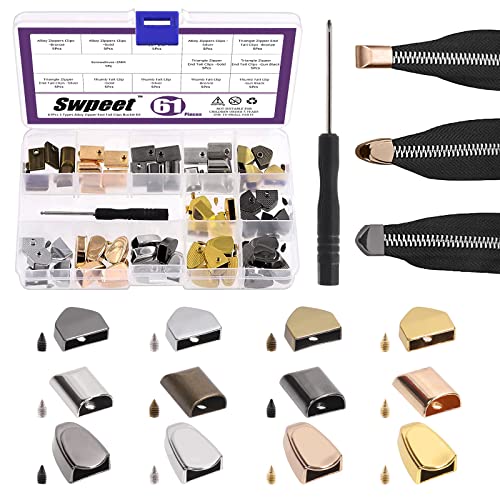 Swpeet 61Pcs 4 Colors Metal Zipper End 60 Sets 3 Stile Dreieck/Daumen/Rechteck 4 Farben Metalllegierung Reißverschluss Enden Schwanz Clips Schnalle Stop Schwanz Kopf Reißverschlüsse Stopper von Swpeet