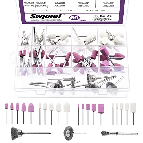 Swpeet 69Pcs 1/8" Shank Grinding Stone Set, 2 geformte und 5 Größen von Sanding Drill Bit für Rotary Tool Flap Wheel und Wolle Filz montiert Mandrel Set, 3 Arten Carbon Steel Wire Wheel Brush von Swpeet