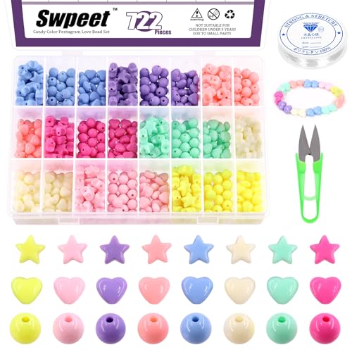 Swpeet 722Pcs 8 Acrylic Heart Beads Star Beads (Candy Color) 7/11mm Bunte Kunststoff Niedliche Lose Perlen Runde Perlen Kit Enthält elastische Schnüren, Schere für Mädchen Armbänder Schmuck Machen DIY von Swpeet