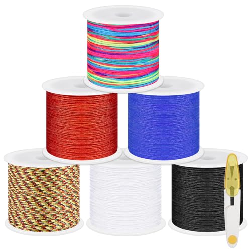 Swpeet 7Pcs Multicolor 0.8mm 55Yards Nylon String Kit mit Schere, Nylon Perlen Faden Chinesische Knoten Nylon Schnur für geflochtene Armbänder, Perlen, Halsketten, Wind Chime, Schmuck Machen von Swpeet