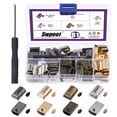 Swpeet 80 Sets 4 Farben Legierung Rechteck Metall Reißverschluss Stopper und Schraube Unterseite Reparatur Ersatz mit Schraubendreher Sortiment Kit, Reißverschluss Enden Ziehen oben Stopper von Swpeet