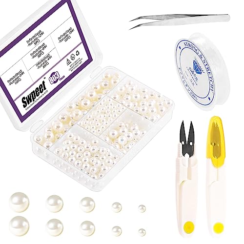 Swpeet 800Pcs 5 Größen 4mm 6mm 8mm 10mm 12mm weiß perforierte Perlen und Schere Pinzette mit 0,8mm elastischen Perlenfaden Sortiment Kit, Handwerk Perlen lose Perlen für Schmuck machen, Handwerk von Swpeet