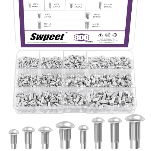 Swpeet 800Pcs M2 M2.5 M3 M4 × 6mm 8mm 10mm Solid Aluminium Brazier Head Nieten Sortiment Kit, Halbrunder Kopf Solid Knulled Nieten, Aluminium Nieten Solid Nieten für Reparatur Boot, Flugzeug von Swpeet