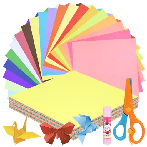 Swpeet 8x 8 Zoll 300 Blätter 20 Lebendige Farben Origami Papier Kit mit Klebestift und Schere, doppelseitiges Farbquadratisches Faltpapier für DIY Schule Kunst Handwerk Projekte Kinder Erwachsene von Swpeet