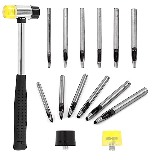 Swpeet 9Pcs 6 Size Leder Hohl Punch Set, 2-10mm Leder Oval Loch Punch und Double-Faced Soft Hammer Mallet, Hohl Stanzen und Gummi Hammer mit 2-Pcs Ersatz Kopf für Leder Crafting von Swpeet