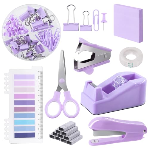 Swpeet 9Pcs lila Bürozubehör Kit, Schreibtisch Zubehör einschließlich Hefter, Tape Dispenser, Hefter Entferner, Tabs, Schere, Hefter, Band, Clips und Haftnotiz Ideal für Büro und Schule von Swpeet