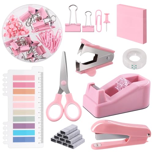 Swpeet 9Pcs rosa Bürozubehör Kit, Desk Accessories einschließlich Hefter, Bandspender, Hefter Entferner, Tabs, Schere, Hefter, Band, Clips und Haftnotiz Ideal für Büro und Schule von Swpeet