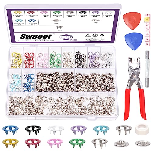 Swpeet Hollow and 200Sets 807Pcs 3/8" 10 Farben Hohl 5-prong Metall Druckknöpfe mit Druckknöpfen Werkzeug Befestigungszange und Schneider Kreide Sortiment Kit, Druckknöpfe für DIY Handwerk von Swpeet