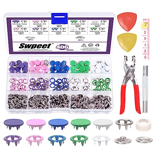 Swpeet Hollow and Solid 407Pcs 3/8" 2 Stile 5 Farben Voll und Hohl 5 Prong Metall Druckknöpfe mit Druckknöpfen Werkzeug Befestigungszange und Schneider Kreide Sortiment Kit, Druckknöpfe von Swpeet