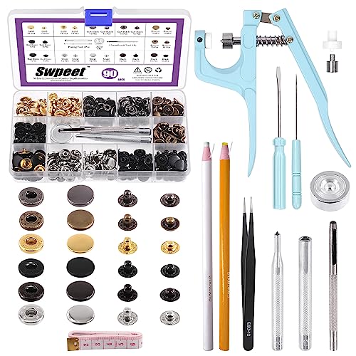 Swpeet Leather Snap Fasteners Kit 90 Sets 12,5 mm Lederschnappverschlüsse und Schnappzangen Presszangen-Installationswerkzeug-Sets mit 4 Stück Befestigungswerkzeug-Sortiment, Lederschnappverschlüsse von Swpeet