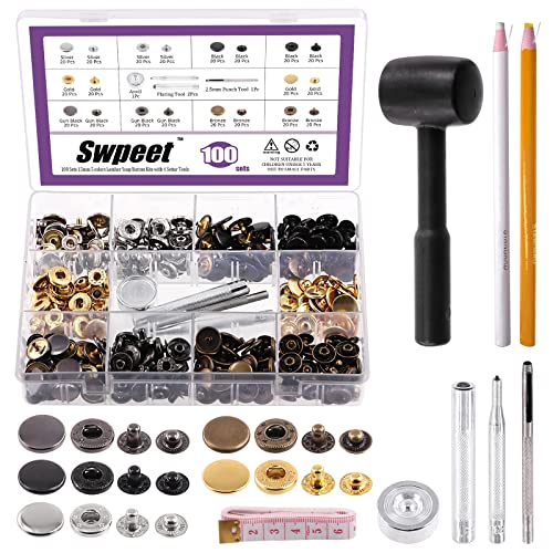 Swpeet Leder Schnappverschlüsse Kit 100 Sets 15mm Leder Druckknöpfe mit 4 Stück Befestigungswerkzeug und Plastikhammer Sortiment Kit, Handwerk Snap Leder Druckknöpfe Metall Druckknöpfe Metall Knopf von Swpeet