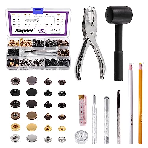 Swpeet Leder Schnappverschlüsse Kit 120 Sets 2,5 mm Lederschnappverschlüsse und Lochzange mit 4 Stück Befestigungswerkzeug Sortiment, Lederdruckknöpfe Metalldruckknöpfe von Swpeet