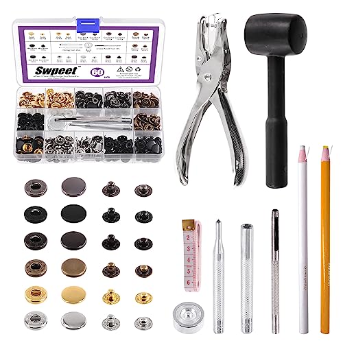 Swpeet Leder Schnappverschlüsse Kit 60 Sets 12,5 mm Lederdruckknöpfe und Lochzange mit 4 Stück Befestigungswerkzeug-Sortiment, Lederdruckknöpfe Metalldruckknöpfe Metallknopfdruckknöpfe von Swpeet