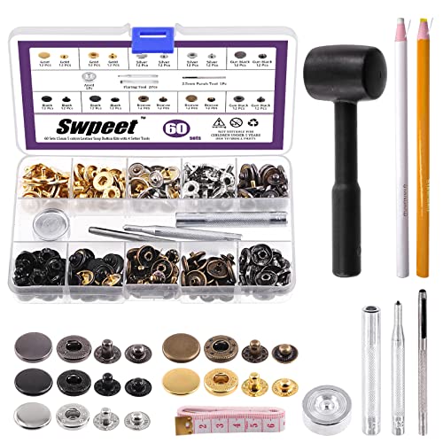 Swpeet Leder Schnappverschlüsse Kit Swpeet 60 Sets 15mm Leder Druckknöpfe mit 4Pcs Befestigungswerkzeug und Plastikhammer Sortiment Kit, Handwerk Snap Leder Druckknöpfe Metall Druckknöpfe Metall von Swpeet