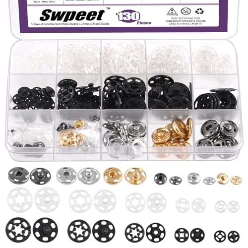 Swpeet Plastic Clothes Hidden Button Clear Press Studs Snap Fasteners for Clothing Fabric 130 Sets 7mm-20mm Kunststoff und Metall Nähen Druckknöpfe Sortiment Kit, unsichtbare klare Druckknöpfe von Swpeet