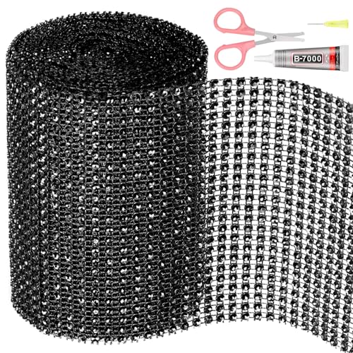 Swpeet Rhinestone Ribbon 4.5Y for Decorations and Crafts (Black) 1 Rolle 4.7Inch × 4.5 Yards 24 Reihen Schwarzes Strass Band mit Schere, Faux Kristall Strass Mesh Band, Bling Diamant Wrap Trim Band von Swpeet