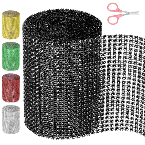 Swpeet Rhinestone Ribbon 4.5Y for Decorations and Crafts (Black) 1 Rolle 4.7Inch × 4.5 Yards 24 Reihen Schwarzes Strass Band mit Schere, Faux Kristall Strass Mesh Band, Bling Diamant Wrap Trim Band von Swpeet