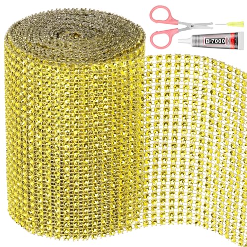 Swpeet Rhinestone Ribbon 4.5Y for Decorations and Crafts (Golden) 1 Rolle 4.7Inch × 4.5 Yards 24 Reihen Gold Strass Band mit Schere, Faux Kristall Strass Mesh Band, Bling Diamant Wrap Trim Band von Swpeet