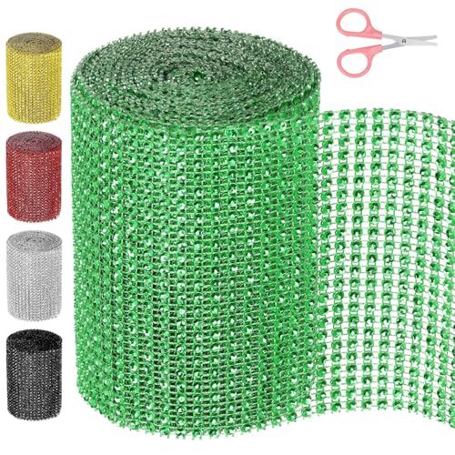 Swpeet Rhinestone Ribbon 4.5Y for Decorations and Crafts (Grün)1 Rolle 4.7Inch × 4.5 Yards 24 Reihen Grün Strass Band mit Schere, Faux Kristall Strass Mesh Band, Bling Diamant Wrap Trim Band von Swpeet