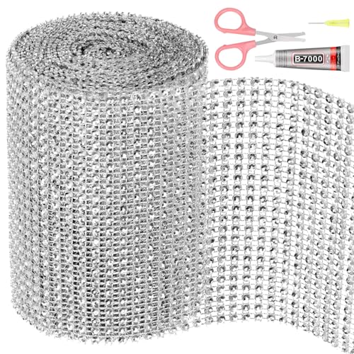 Swpeet Rhinestone Ribbon 4.5Y for Decorations and Crafts (Silvery) 1 Rolle 4.7Inch × 4.5 Yards 24-Reihen Silber Strass Band mit Schere, Faux Kristall Strass Mesh Band, Bling Diamant Wrap Trim Band von Swpeet