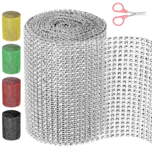 Swpeet Rhinestone Ribbon 4.5Y for Decorations and Crafts (Silvery) 1 Rolle 4.7Inch × 4.5 Yards 24-Reihen Silber Strass Band mit Schere, Faux Kristall Strass Mesh Band, Bling Diamant Wrap Trim Band von Swpeet