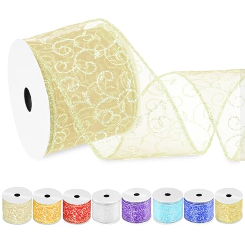 Swpeet Ribbli Swirl Glitter Wired Ribbon, Gold Organza Sheer Ribbon with Gold Glitter Swirl Pattern and Gold Metallic Edge (Champagne) von Swpeet