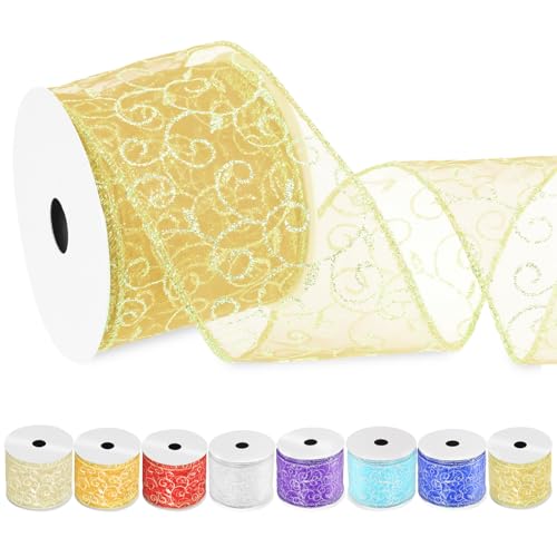 Swpeet 2-1/2 Zoll × 10 Yard Golden Swirl Glitter Wired Band, Organza Sheer Band mit Gold Metallic Rand, Glitter Swirls Wired Band, Weihnachten Wired Band für Baum Dekoration Verpackung Geschenke von Swpeet