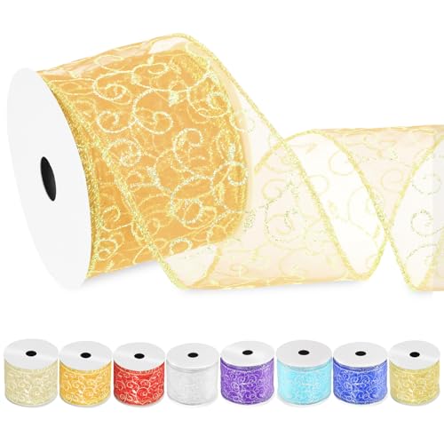 Swpeet Ribbli Swirl Glitter Wired Ribbon, Gold Organza Sheer Ribbon with Gold Glitter Swirl Pattern and Gold Metallic Edge (Orange) von Swpeet