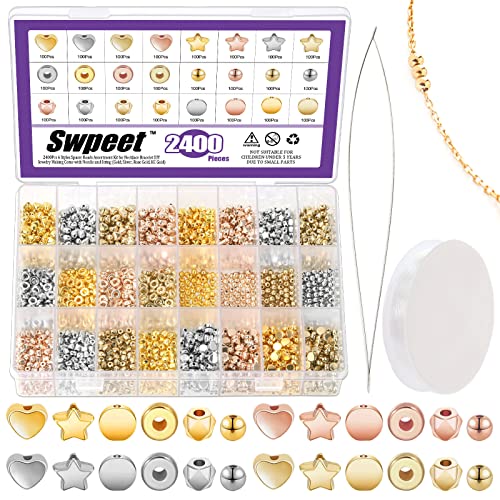 Swpeet Spacer Beads, 2402 Abstandshalter Perlen und elastische Schnüre mit Perlennadel Sortiment Kit, sortierte Armband Perlen Stern Perlen Runde Kugel Perlen Flache Kreis Perlen Herz Perlen von Swpeet