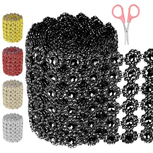 Swpeet Sunflower Rhinestone Ribbon 3Y for Crafts Decorations (Black) 1 Rolle 4 Zoll × 3 Yards 6 Reihen schwarzes Strassband mit Schere, Faux Kristall Strass Blume Mesh Band, Bling Diamant Wrap Trim von Swpeet