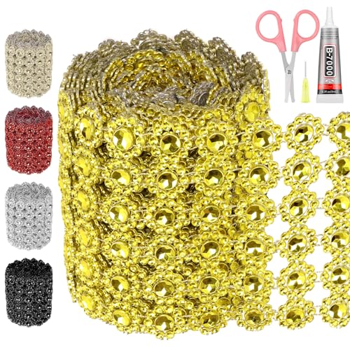 Swpeet Sunflower Rhinestone Ribbon 3Y for Crafts Decorations (Golden)1 Rolle 4 Zoll × 3 Yards 6 Reihen Gold Strass Band mit Schere, Faux Kristall Strass Blume Mesh Band, Bling Diamant Wrap Trim von Swpeet