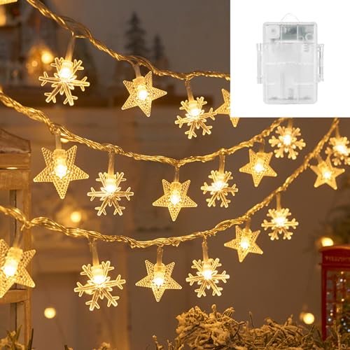 Led Lichterkette, Sterne Lichterkette,10M 100LED Sterne Kugel Lichterkette,Batteriebetriebene Lichter, für Weihnachtsbaum Dekor (Fünfzackiger Stern + Schneeflocke in warmer Farbe) von Swsdee