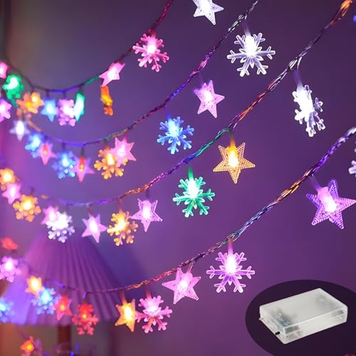 Led Lichterkette, Sterne Lichterkette,10M 100LED Sterne Kugel Lichterkette,Batteriebetriebene Lichter, für Weihnachtsbaum Dekor (Fünfzackiger Stern + Schneeflocke in warmer Farbe) von Swsdee