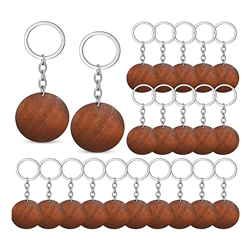 Sxdluzi 50 Stück Holzgravur-Rohlinge Runder -Schlüsselanhänger-Set Ringe Schlüsselanhänger Schlüsselanhänger Zubehör Kaffeefarbe für DIY-Geschenk-Bastelarbeiten von Sxdluzi