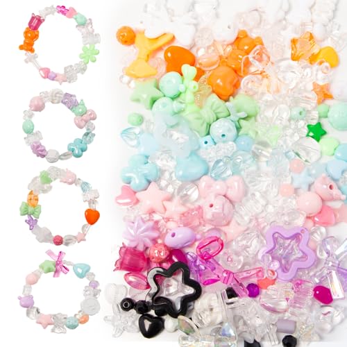 Sxutop 160~200 Stück Sortierte Acrylperlen Bunte Acrylperlen mit 8 Farben Schleifen Blume Herz Stern Rund Perlen Kunststoff Bunten Schmuckperlen für Armbänder Halsketten Schmuckherstellung DIY von Sxutop