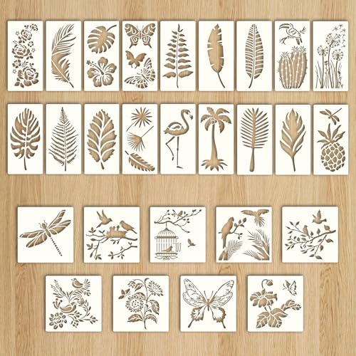 Sxutop 27 Stück Blatt Blätter Schablone Wiederverwendbar Malschablonen Blumen Vögel Bäume Pflanzen Blatt Malerei Schablonen Kunststoff für Scrapbooking Basteln DIY Wand von Sxutop