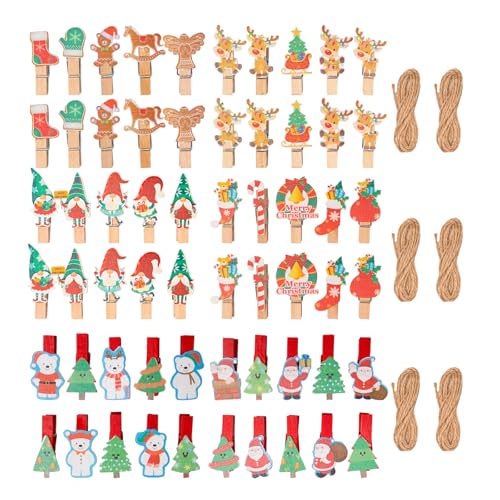 Sxutop 60 Stück Holzklammern Weihnachten Klammern Adventskalender Wäscheklammern Weihnachten Deko Klammern Holz Mini Zierklammern mit Schnur für Weihnachten,Fotowänden,Postkarten,Papiertüten,3.5*0.7cm von Sxutop