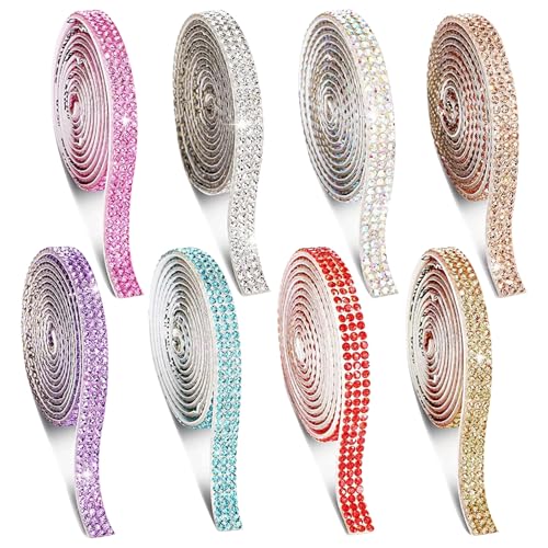 Sxutop 8 Rollen Strassband Selbstklebend Bunt Glitzer Klebeband Strass Selbstklebende Kristall Strass Diamant Band DIY Dekoration Aufkleber für Kunsthandwerk, Auto, Telefon (8 Farben, 1 Yard/Rollen) von Sxutop